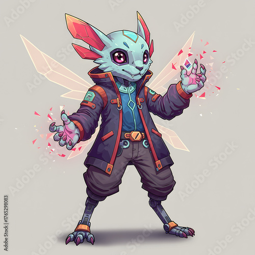 Cartoon creature character with wings futuristic outfit fantasy digital illustration