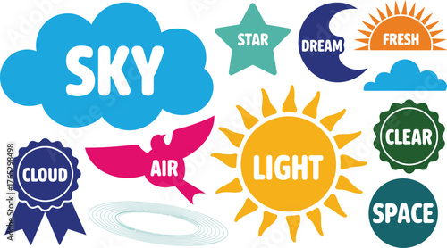 Colorful Sky Elements with Words Clouds, Sun, Star, Moon, Bird, and Emblems on White