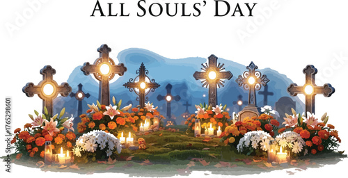 All souls day graveyard scene with glowing crosses, flowers, and candles for remembrance of the dead
