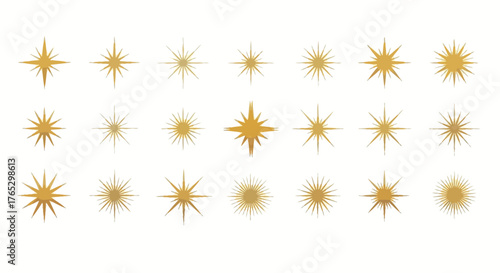 A diverse collection of golden star shapes, sparkles, and sunburst icons isolated on a white background.