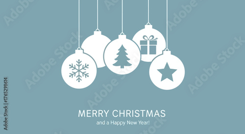 Minimalist Christmas card with white hanging baubles on a blue background.