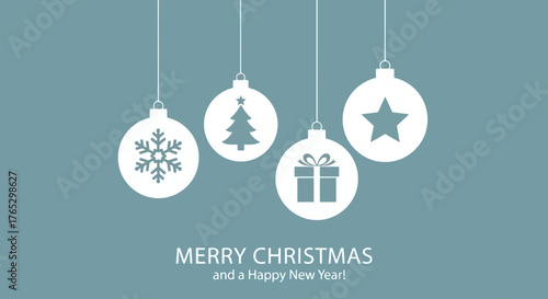 Minimalist Christmas card with hanging white baubles and holiday greetings.