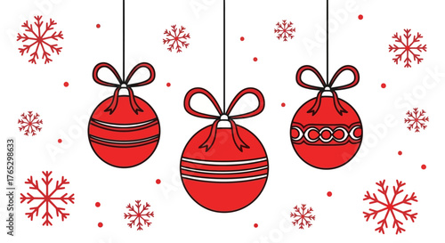 A festive illustration of three red Christmas baubles hanging with decorative snowflakes on a white background.