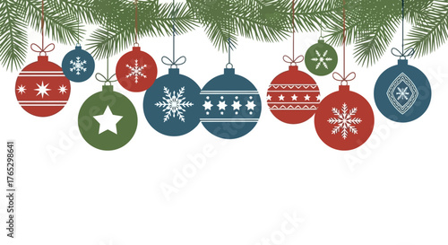 A festive border of Christmas tree branches with hanging red, blue, and green ornaments.