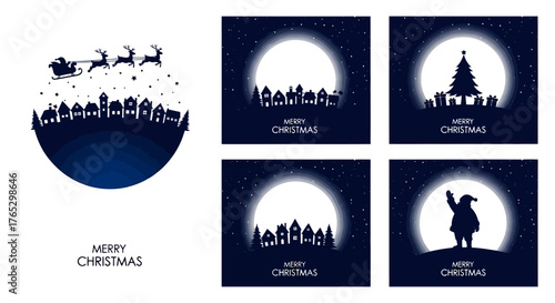 Collection of Christmas silhouette illustrations featuring Santa Claus, reindeer, and a winter village against a full moon at night.