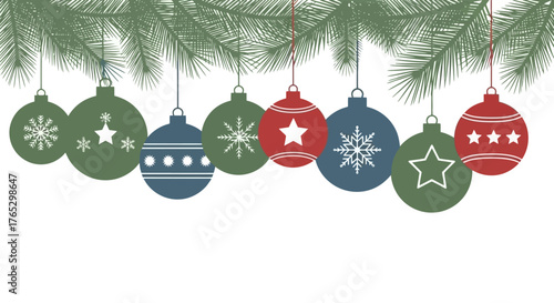 Festive Christmas background with red, green, and blue patterned ornaments hanging from evergreen fir branches.