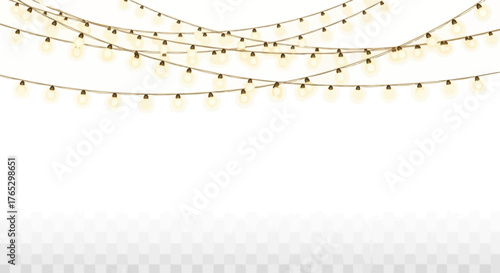 Hanging strings of glowing yellow party lights on a transparent background for decoration.