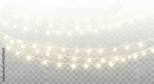 Festive garlands of glowing warm white string lights on a transparent background for decoration.