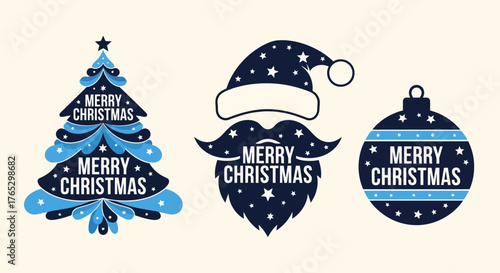 A collection of three modern blue Christmas labels featuring a tree, Santa Claus, and a bauble ornament.