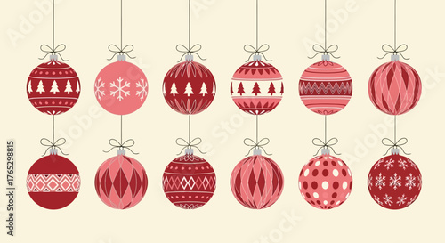 A collection of twelve red and pink Christmas baubles with festive patterns hanging in two rows.