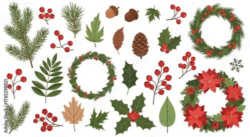 Vector collection of festive Christmas plants, leaves, berries, and wreaths for holiday decoration.