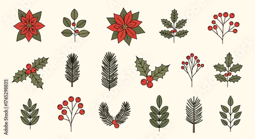 A festive collection of illustrated Christmas plants, including poinsettia, holly with berries, and pine branches.