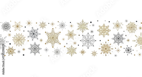 A horizontal border of elegant gold and silver ornamental snowflakes on a white background.
