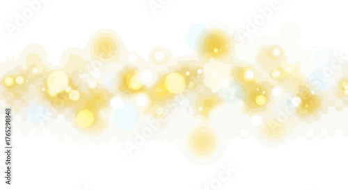 Abstract background of glowing golden and white bokeh lights on a white backdrop.