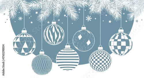 Elegant Christmas background with decorative patterned baubles hanging from snowy fir branches.