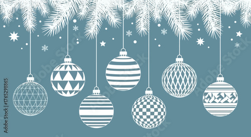 Elegant white Christmas baubles with geometric patterns hanging from snowy fir branches against a blue background.