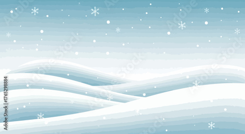 A serene winter landscape with falling snowflakes over rolling snow-covered hills.