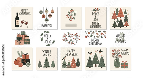 A collection of fifteen modern Christmas and winter holiday greeting card designs on a white background.