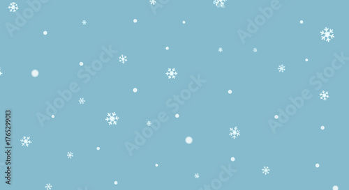 A simple winter pattern of white snowflakes and snow dots falling against a light blue background.