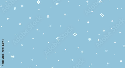 Minimalist winter scene featuring various white snowflakes and snow particles falling on a solid light blue background.