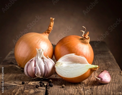 A still life captures garlic and onions on rustic wooden surface