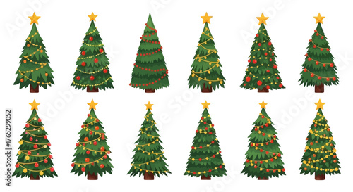 A collection of twelve decorated Christmas trees with various festive ornaments and lights.
