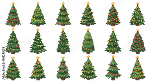 A diverse collection of eighteen illustrated Christmas trees with festive decorations on a white background.