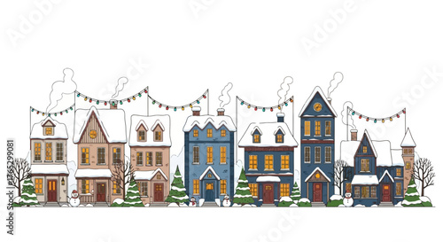 A charming row of snow-covered houses decorated with festive Christmas lights for the winter holidays.