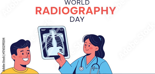 World radiography day vector illustration with doctor and patient looking at xray 