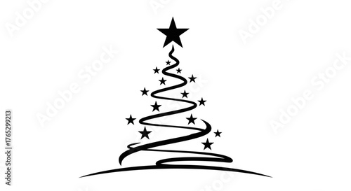 A minimalist black Christmas tree made from a swirling ribbon and decorated with stars on a white background.
