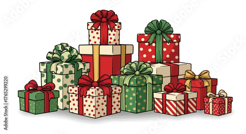 A festive pile of illustrated Christmas gift boxes in red, green, and cream with decorative bows.