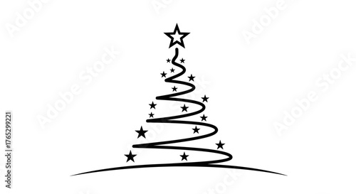 A minimalist black line drawing of a spiral Christmas tree decorated with stars.