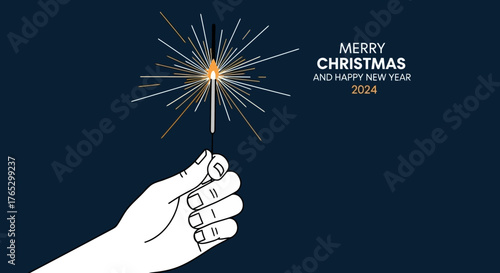 Hand holding a lit sparkler against a dark blue background with Merry Christmas and Happy New Year 2024 text.