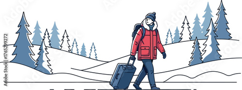 Traveler walking through a snowy winter landscape with luggage and backpack outdoors