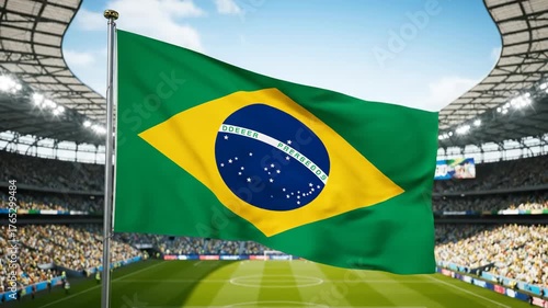 Brazil national flag waving in a vibrant soccer stadium atmosphere