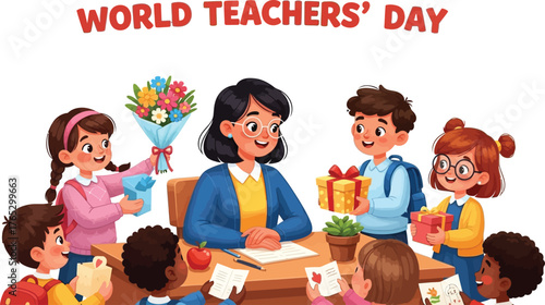 World teachers day with happy students giving gifts to their teacher