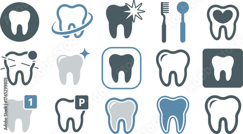 Dental Health Icons Featuring Tooth Symbols, Toothbrush, and Mirror for Dentistry Concepts
