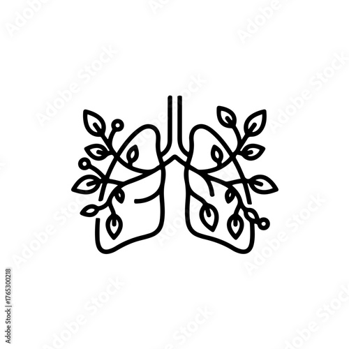 black and white line art vector icon symbolizing respiratory health, recovery, and life after quitting tobacco. symmetrical human lungs with a fresh leaf or sprout growing from the top
