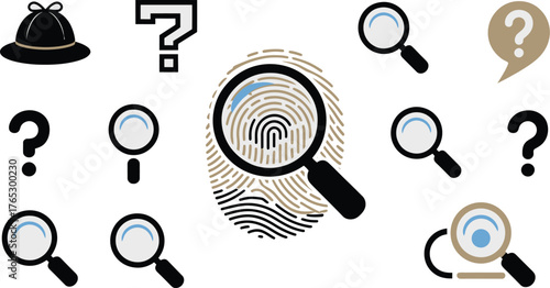 Detective Concept Magnifying Glasses, Question Marks, Fingerprint, and Deerstalker Hat on White Background