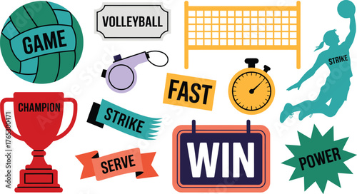 Diverse Volleyball Elements Net, Ball, Referee Whistle, Clock, Trophy, Player Silhouette, and Action Words