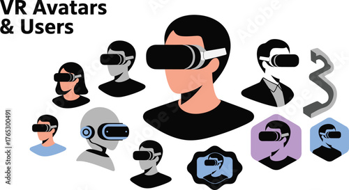 Diverse VR Avatars and Users Wearing Virtual Reality Headsets in Various Styles and Representations