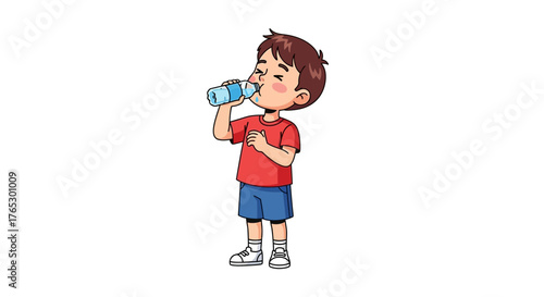 Refreshing hydration: Boy drinks water from bottle, perfect for health campaigns, educational materials, and promoting active lifestyles for kids