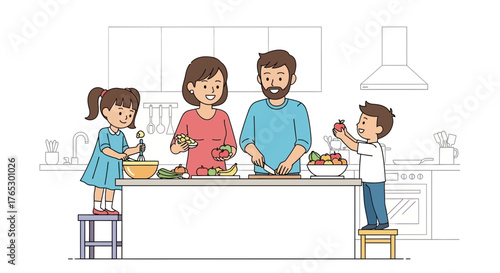 Happy family preparing healthy meal together in modern kitchen, parents and children enjoying cooking with fresh fruit and vegetables, fun lifestyle