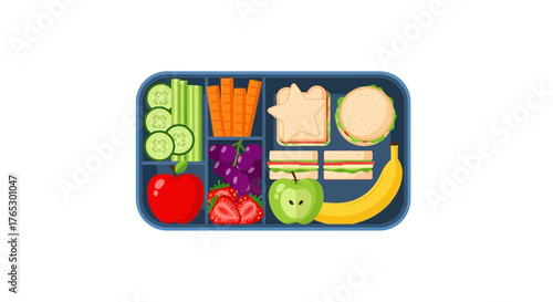 Healthy lunchbox filled with fresh fruits, veggies, and sandwiches for kids, a nutritious meal to enjoy, prepared with love, great for school or picnics