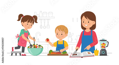 Family Fun Cooking Together in a Kitchen Setting, Teaching Children Healthy Eating Habits, Nutrition Education, and Creating Delicious Meals with Love