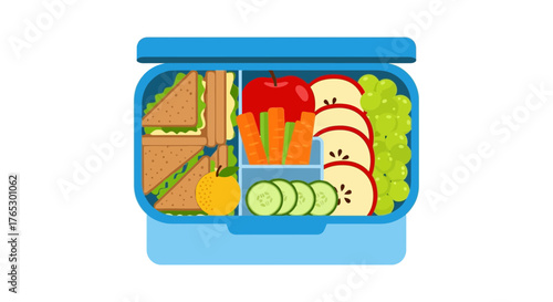 Healthy Packed Lunch Ready to Go Sandwiches Apple Slices Grapes Carrots and Cucumber for School Picnic or Work Snack Time Flat Lay Illustration