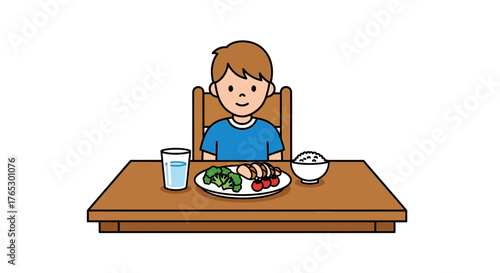 Happy young boy enjoys healthy meal of chicken, broccoli, tomatoes and rice with water at table, perfect for nutrition and kid-friendly concepts