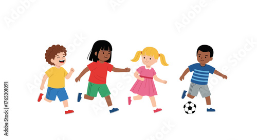 Joyful children running and playing soccer, embodying active childhood, friendship, and teamwork, suitable for educational materials and promoting healthy lifestyle