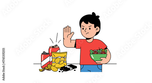 Rejecting Unhealthy Food Choices with a Salad Bowl, Promoting Healthy Eating Habits and a Balanced Lifestyle, Perfect for Wellness Campaigns