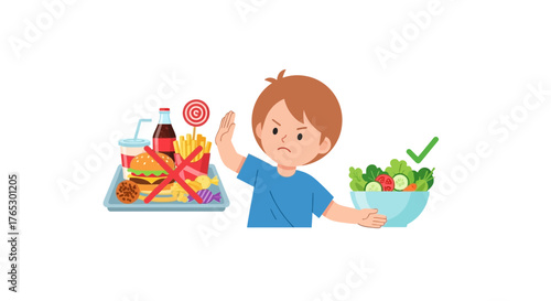 Healthy choices for kids: Boy rejects junk food for fresh salad and nutrition, promoting wellness and healthy lifestyle education with a positive message
